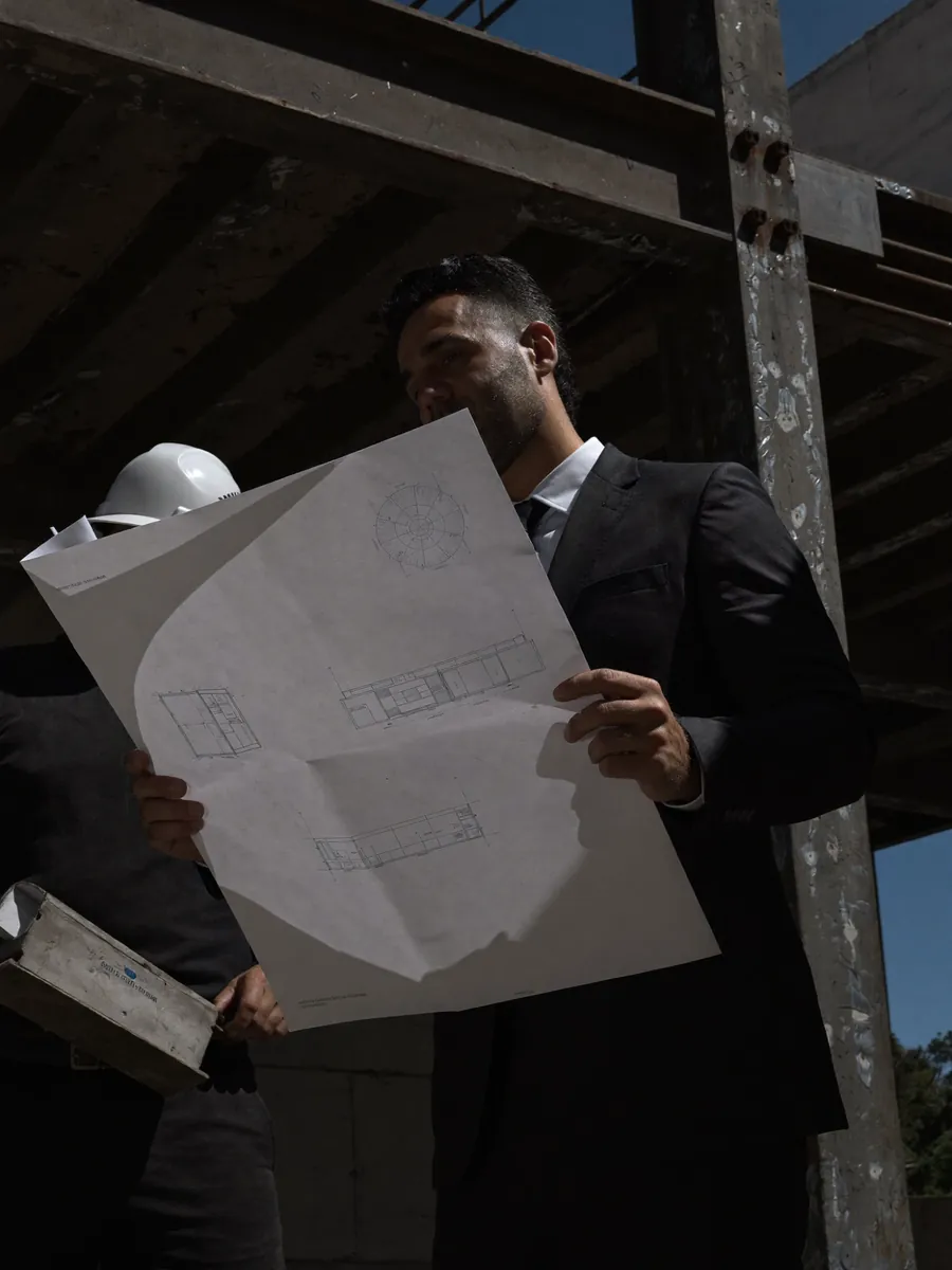Giordano Siton reviewing plans on a construction site